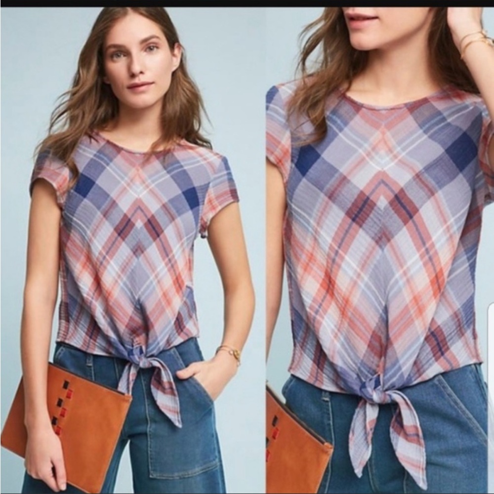 Anthropologie Cloth and Stone plaid tie front top size XS